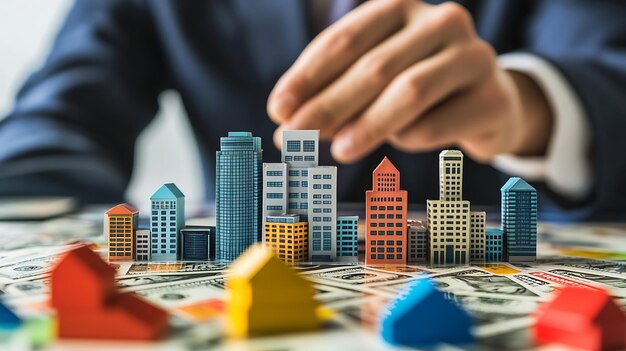 Photo a businessmans hand placing a model building on a table covered in dollar bills representing real estate and finance