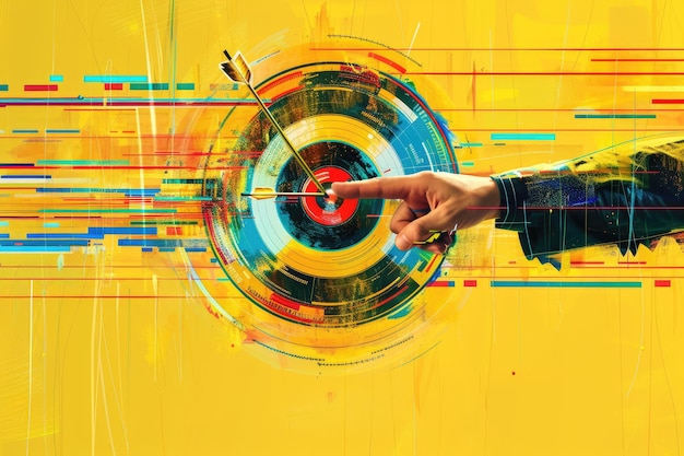 Photo businessmans hand reaching out to hit the bullseye of an archery target with digital lines