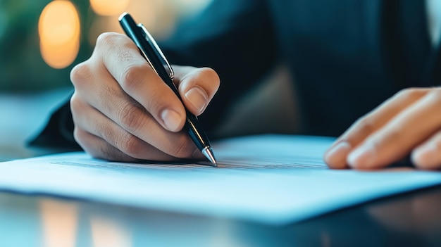 Photo businessmans hand signing a contract on a document