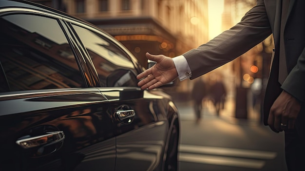 a businessmans hands and a chauffeur by a car door the hand of a male person on a vehicle handle emphasizing professional transport service