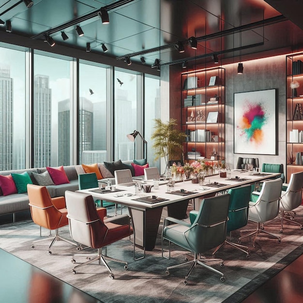 Businessmeetingroomonhighriseofficebuildingwithcolorfuldecorfurntureroom