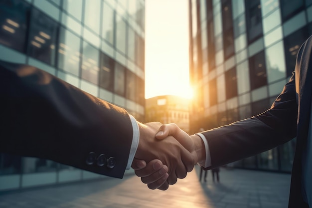 Businessmen Do Handshake With Partner In Front Of Defocused Business Center Generative AI