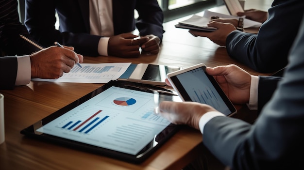 Businessmen meeting explaining the financial graph data on tablet display and marketing plan