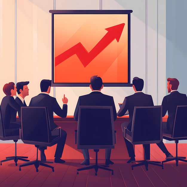 Photo businessmen in meeting with upward arrow projected on screen