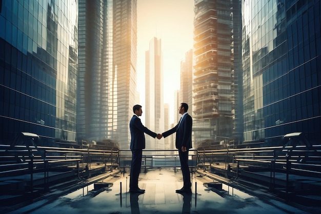 Businessmen shaking hands on abstract city background teamwork concept Closing a business deal Confirmation of the contract with a handshake