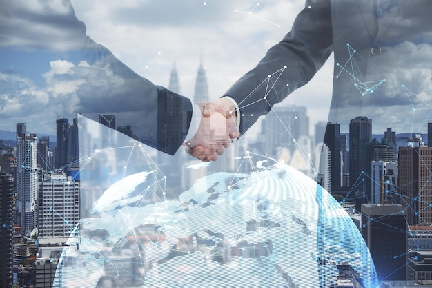 Businessmen shaking hands on bright white city background with globe and polygonal connections Teamwork and colleagues concept Double exposure