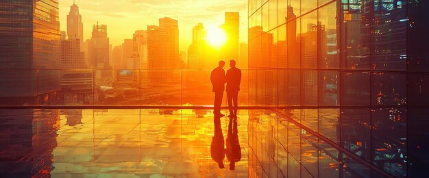 Businessmen Silhouettes at Sunset on Rooftop with City Skyline