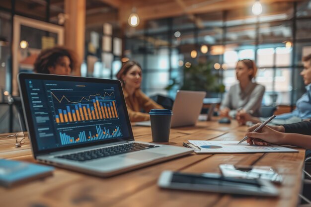 Businessmen sit in a meeting and analyze profits with graphs displayed on a screen in the office