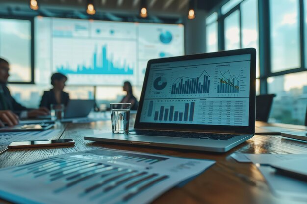 Businessmen sit in a meeting and analyze profits with graphs displayed on a screen in the office