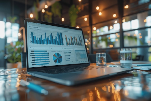 Businessmen sit in a meeting and analyze profits with graphs displayed on a screen in the office