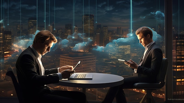 businessmen sitting at desk using wireless technology