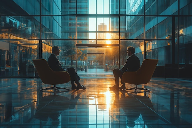 businessmen sitting in an office chair and looking at the sunset