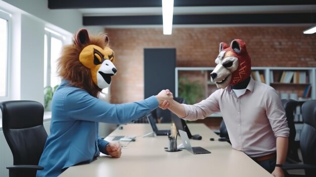 Businessmen wearing animal masks shaking hands at a conference while smiling and laughing Generative AI