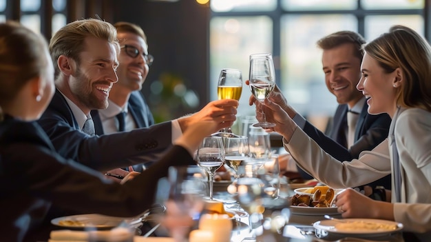 Businessmen and women athletes celebrating a successful deal with a toast at a dinner meeting