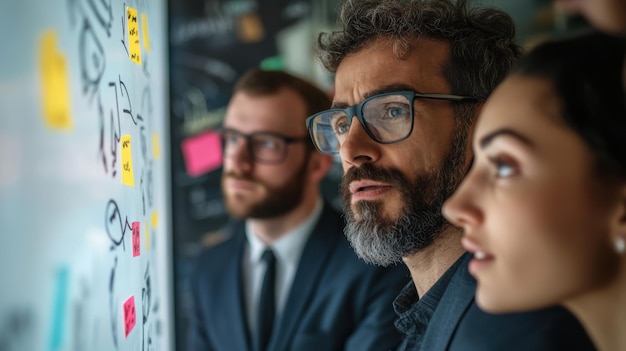 Photo businessmen and women leaning in closely collaborating on a project with a whiteboard in