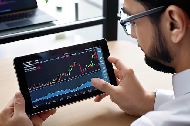 Businessmen work with stock market investments using tablets to analyze trading data