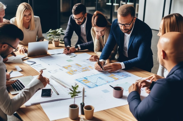 Businesspeople analyzing investment graph meeting brainstorming and discussing plan