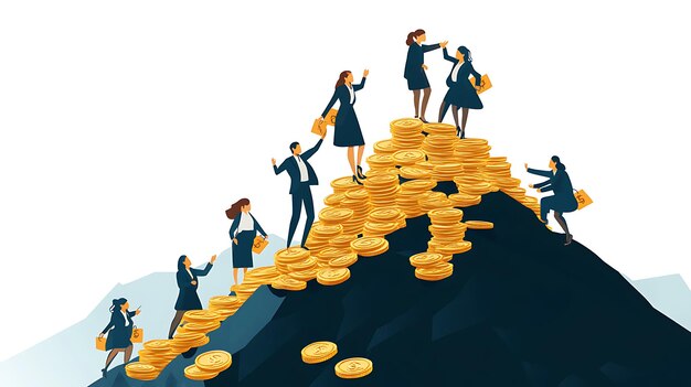 Photo businesspeople climbing a mountain of gold coins success and wealth concept