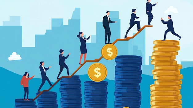 Businesspeople Climbing a Staircase of Coins to Success