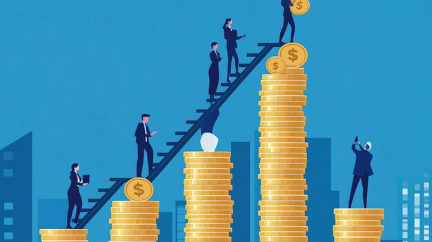 Photo businesspeople climbing a staircase of gold coins to financial success