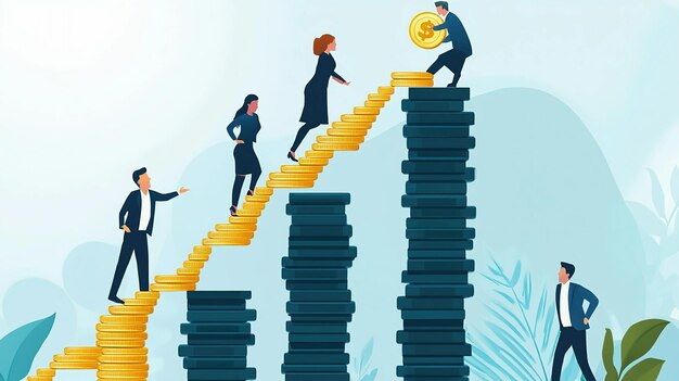 Photo businesspeople climbing a staircase of gold coins to reach success