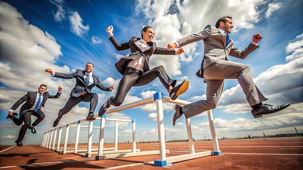 Businesspeople or managers jumps over hurdle Overcoming obstacles solving business problems Winne