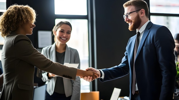 Businesspeople shaking hands in an office setting