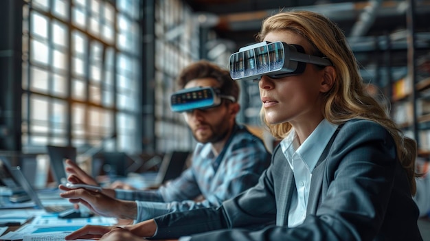 Photo businesspeople using vr headsets in modern office