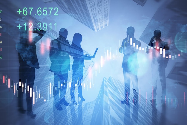 Businesspeople working on abstract city background with forex chart Teamwork trade finance and technology concept Double exposure