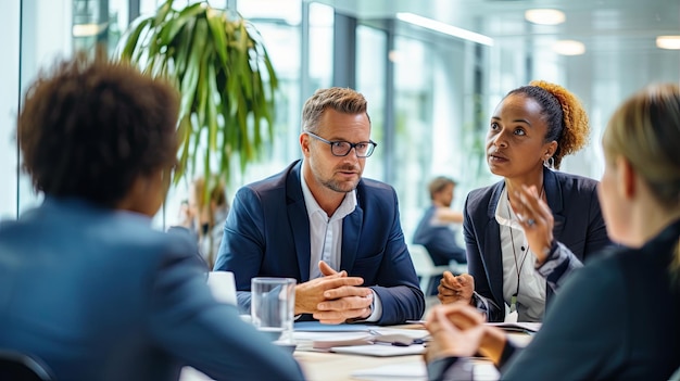 Photo businesspeople working in office manager staff meeting discussing topics important for the company