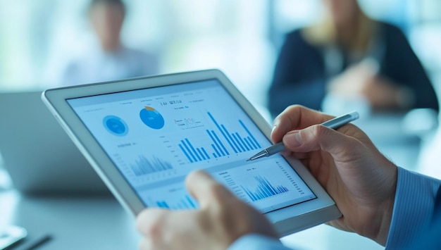 Photo businessperson analyzing financial data on a laptop and tablet with graphs and charts in the office