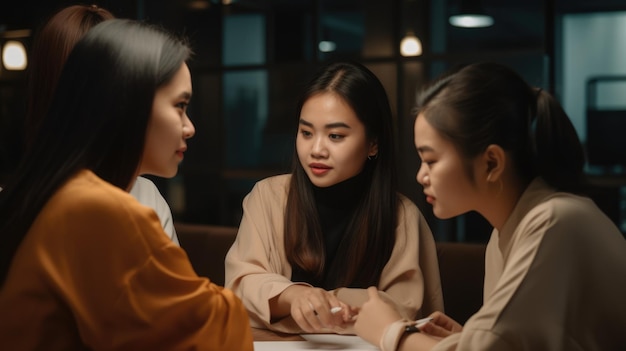 Businessperson Asian Female Young Adult Collaborating with colleagues in a meeting in Coworking space Generative AI AIG22