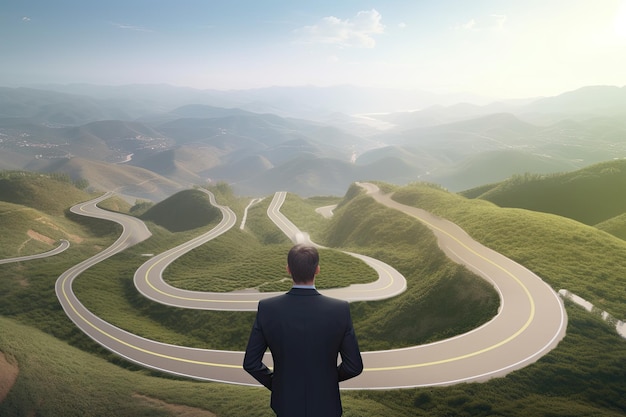 Photo businessperson looking at winding road choice life concept generative ai