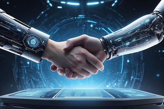 Businessperson shaking hand with digital partner over futuristic background Artificial intelligence and machine learning process for 4th industrial revolution