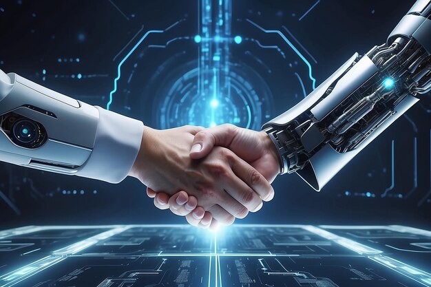 Businessperson shaking hand with digital partner over futuristic background Artificial intelligence and machine learning process for 4th industrial revolution