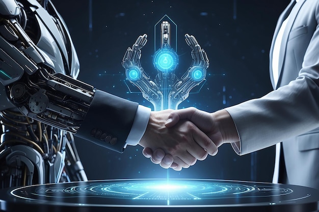 Businessperson shaking hand with digital partner over futuristic background Artificial intelligence and machine learning process for 4th industrial revolution