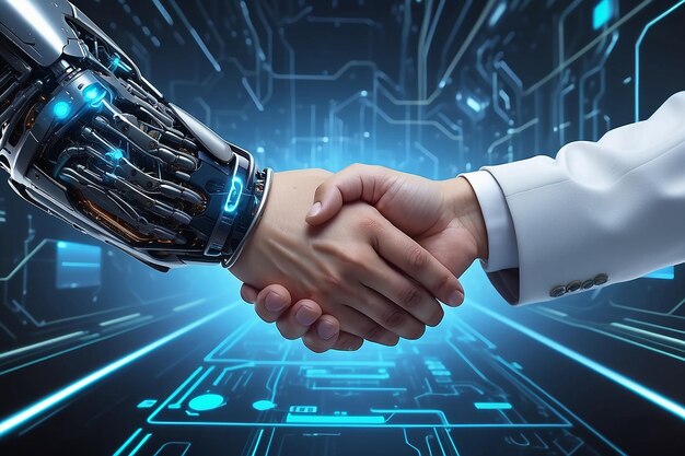 Businessperson shaking hand with digital partner over futuristic background Artificial intelligence and machine learning process for 4th industrial revolution