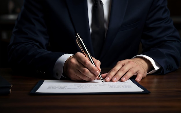 a businessperson signing a contract in the style of refined elegance front view