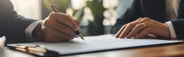 Photo businessperson signing an important legal contract with a pen on a desk in a formal setting