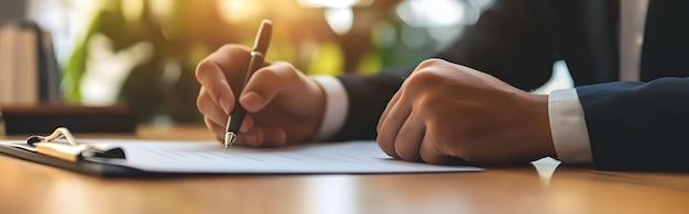 Photo businessperson signing an important legal contract with a pen on a desk in a formal setting