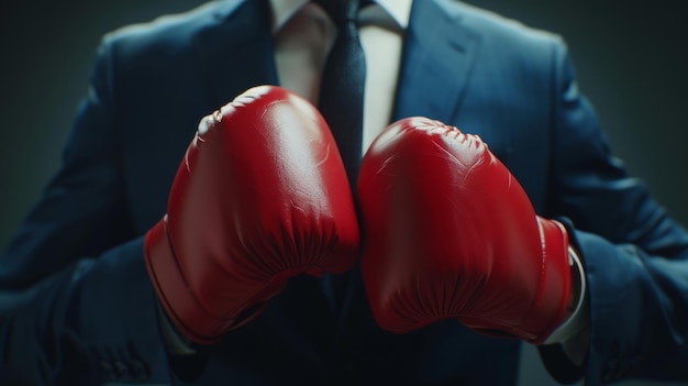 Photo a businessperson in a suit and tie poses confidently with red boxing gloves symbolizing professional strength and resilience