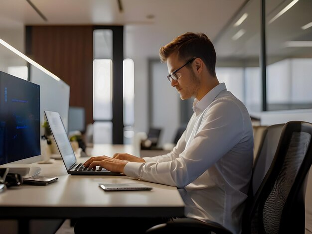 Businessperson works typing using a laptop in indoor office workplace