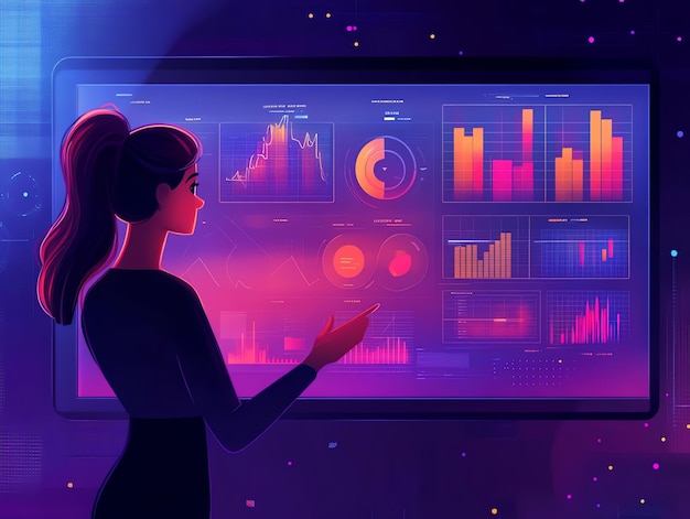 Businesswoman analyzing data on a digital screen with graphs and charts