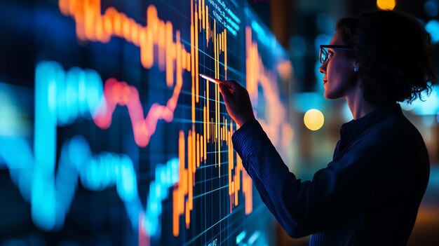 Photo businesswoman analyzing digital financial data on screen