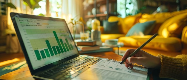 Businesswoman analyzing financial data on laptop screen while sitting at her home office desk