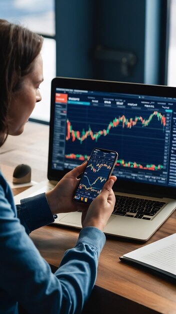 Businesswoman analyzing stock market KPI with BI computer smartphone screen