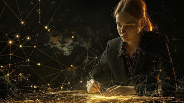 a businesswoman as she meticulously draws out a global network structure and client connection data exchange on a dark background