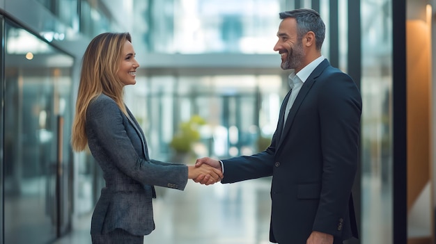 Businesswoman and Businessman Shaking Hands in Office Building