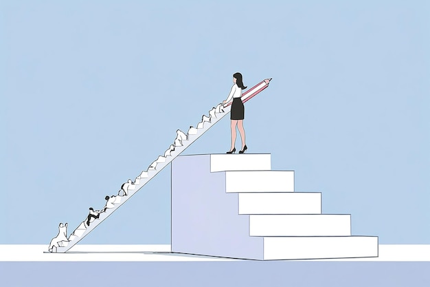 Businesswoman Career Growth Tiny Woman Holding Pencil to Draw Stairs and Climb Up