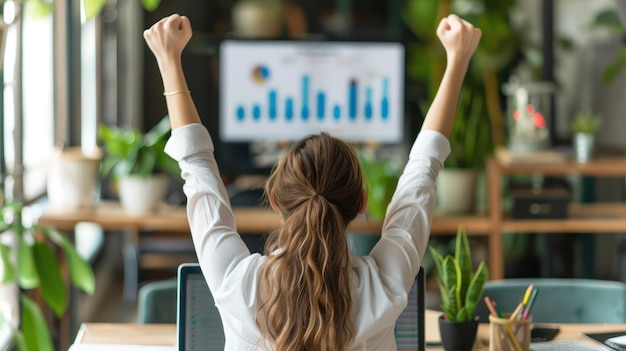 Photo businesswoman celebrating success with arms raised over a laptop showing positive free cash flow